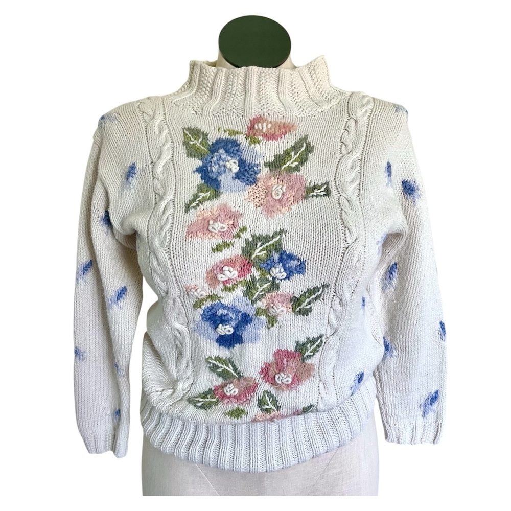 Vintage Knitted by Hand Jennifer Reed Cottagecore Floral Women's Sweater